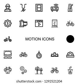 Editable 22 motion icons for web and mobile. Set of motion included icons line Zookeeper, Bicycle, Film, Projector, Metronome, Cogwheel, Reel, Clapper, Ticket window on white background