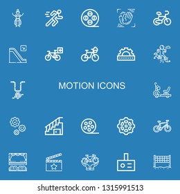 Editable 22 motion icons for web and mobile. Set of motion included icons line Dancer, Running, Film reel, Motion, Bicycle, Escalator, Cogwheel, Jumping, Stationary bike on blue background