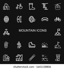 Editable 22 mountain icons for web and mobile. Set of mountain included icons line Mountains, Bike, Boots, Chairlift, Cableway, Rope, Kayak, Gym, Bicycle, Mountain on black background