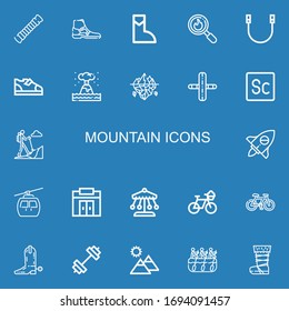 Editable 22 mountain icons for web and mobile. Set of mountain included icons line Rope, Boot, Disaster, Boots, Eruption, Iceberg, Gym, Scout, Hiking, Adventure on blue background