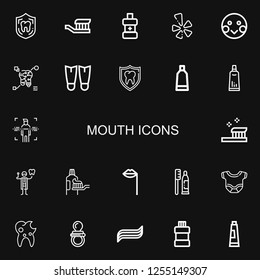 Editable 22 mouth icons for web and mobile. Set of mouth included icons line Dental, Toothbrush, Mouthwash, Yelp, Shy, Tooth, Fins, Tooth paste, Toothpaste on black background
