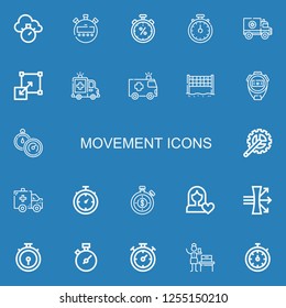Editable 22 movement icons for web and mobile. Set of movement included icons line Chronometer, Stopwatch, Ambulance, Stretching, Volley, Crank arm, Women rights on blue background