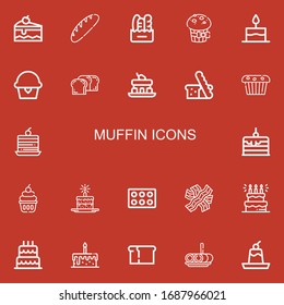 Editable 22 muffin icons for web and mobile. Set of muffin included icons line Cake, Bread, Muffin, Cupcake, Bacon, Birthday cake, Roll cake, Pudding on red background
