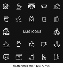 Editable 22 mug icons for web and mobile. Set of mug included icons line Beer, Cappuccino, Cup, Tea, Beer can, Beverage, Canteen, Coffee cup, Coffee, Pub, Thermo on black background