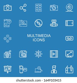 Editable 22 multimedia icons for web and mobile. Set of multimedia included icons line Camera, Share, Tablets, Webcam, Remote control, Set square, Cd, Tablet on blue background