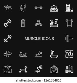 Editable 22 muscle icons for web and mobile. Set of muscle included icons line Fitness, Barbell, Mass, Strength, Gym, Treadmill, Weightlifting, Stationary bike on black background