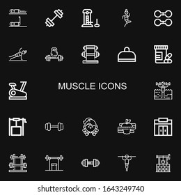 Editable 22 muscle icons for web and mobile. Set of muscle included icons line Fitness, Gym, Strength, Dumbbell, Weightlifting, Vitamins, Stationary bike, Well on black background