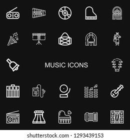 Editable 22 music icons for web and mobile. Set of music included icons line Radio, Xylophone, Vinyl, Piano, Jukebox, Party, Drum, Wedding arch, Guitar, Bell on black background