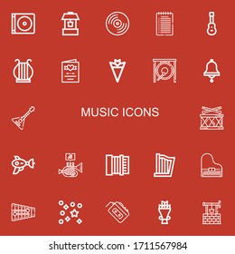 Editable 22 music icons for web and mobile. Set of music included icons line Dvd, Well, Record, Note, Acoustic guitar, Harp, Wedding invitation, Bouquet, Gong on red background
