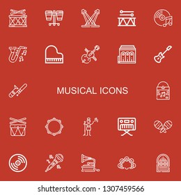 Editable 22 musical icons for web and mobile. Set of musical included icons line Drum, Concert, Music, Jazz, Piano, Cello, Philharmonic, Electric guitar, Trombone on red background