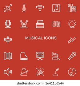 Editable 22 musical icons for web and mobile. Set of musical included icons line Cello, Acoustic guitar, Cymbal, Music, Voice recorder, Microphone, Concert, Drum on red background