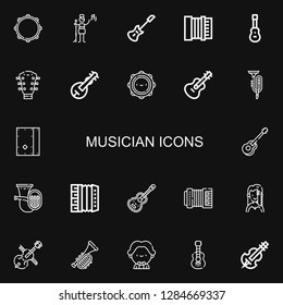 Editable 22 musician icons for web and mobile. Set of musician included icons line Tambourine, Pop singer, Electric guitar, Accordion, Acoustic guitar, Guitar on black background
