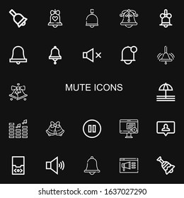 Editable 22 mute icons for web and mobile. Set of mute included icons line Bell, Mute, Notification, Volume, Bells, Pause, Audio player on black background
