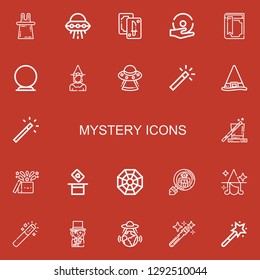 Editable 22 mystery icons for web and mobile. Set of mystery included icons line Magic, Ufo, Tarot, Spell, Magic book, Crystal ball, Witch, Magic wand, Pagan on red background