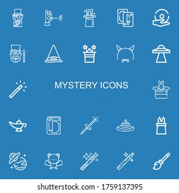 Editable 22 mystery icons for web and mobile. Set of mystery included icons line Magician, Wand, Magic, Tarot, Spell, Witch, Devil mask, Ufo, Magic wand, Magic lamp on blue background