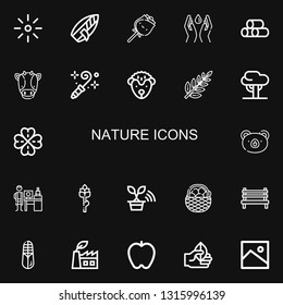 Editable 22 nature icons for web and mobile. Set of nature included icons line Brightness, Surfboard, Rose, Save water, Wood, Cow, Blower, Hedgehog, Leaf, Tree on black background