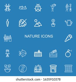 Editable 22 nature icons for web and mobile. Set of nature included icons line Tarantula, Bush, Ladybird, Dove, Gardener, Carrot, Monstera leaf, Mountain, Growth on blue background
