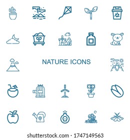 Editable 22 iconos de la naturaleza para web y móvil. Conjunto de naturaleza incluido íconos línea Cactus, Aurora, Cometa, Hoja, Reciclaje, Luna, Carbón, Molino de viento, Conservación, Conejo sobre fondo blanco