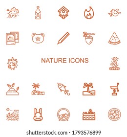 Editable 22 nature icons for web and mobile. Set of nature included icons line Iceberg, Spirits, Bird house, Bonfire, Dove, Pictures, Bear, Thermometer, Acorn on white background