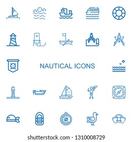Editable 22 nautical icons for web and mobile. Set of nautical included icons line Sail, Sea, Cargo ship, Cruise, Lifesaver, Lighthouse, Oxygen, Boat, Compass on white background