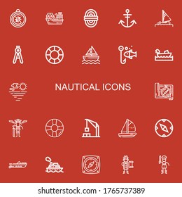 Editable 22 nautical icons for web and mobile. Set of nautical included icons line Compass, Cargo ship, Rope, Anchor, Sail, Lifesaver, Sailboat, Fishing, Boating on red background