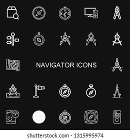 Editable 22 navigator icons for web and mobile. Set of navigator included icons line Localize, Compass, Remote control, Signpost, Wind signal on black background