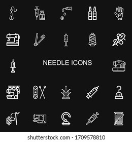 Editable 22 needle icons for web and mobile. Set of needle included icons line Hook, Vaccine, Syringe, Tattoo, Sewing, Safety pin, Mannequin, Thread, Needle on black background