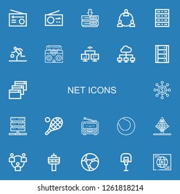 Editable 22 net icons for web and mobile. Set of net included icons line Radio, Server, Network, Basketball, Website, Networking, Tennis, Net on blue background