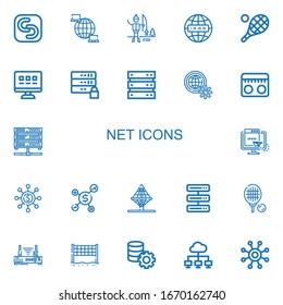 Editable 22 net icons for web and mobile. Set of net included icons line Safecopy backup, Network, Ice fishing, Internet, Tennis, Web, Server, Radio, Networking on white background