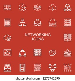 Editable 22 networking icons for web and mobile. Set of networking included icons line Servers, Cloud computing, Networking, Network, Server, Sphere, Cloud server on red background
