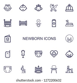 Editable 22 newborn icons for web and mobile. Set of newborn included icons line Baby girl, Baby boy, Baby, Baby carriage, hat, Crib, Pacifier, powder on white background