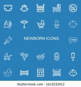 Editable 22 newborn icons for web and mobile. Set of newborn included icons line Diaper, Baby, Crib, Baby crib, Baby carriage, Birth, Rattle, Stroller, Pacifier on blue background