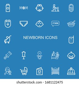 Editable 22 newborn icons for web and mobile. Set of newborn included icons line Baby powder, Mom, Baby, Fatherhood, Bib, Diaper, Baby boy, food, Stroller on blue background