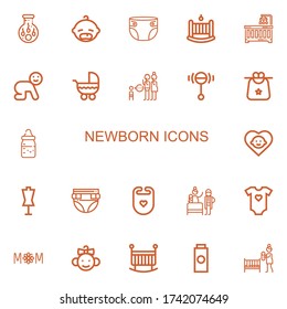 Editable 22 newborn icons for web and mobile. Set of newborn included icons line Insemination, Baby, Diaper, Cradle, Baby crib, Stroller, Parenthood, Rattle on white background