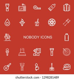 Editable 22 nobody icons for web and mobile. Set of nobody included icons line Flashlight, Microwave, Measuring tape, Glue, Kimono, Water, Torch, Spoke wheel on red background