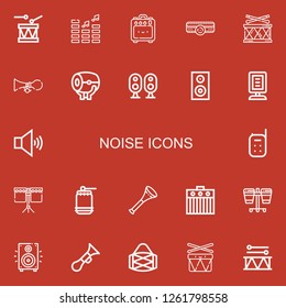 Editable 22 noise icons for web and mobile. Set of noise included icons line Drum, Volume, Amplifier, Horn, Loudspeaker, Woofer, Announcer, Baby monitor, Vuvuzela on red background