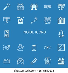 Editable 22 noise icons for web and mobile. Set of noise included icons line Vuvuzela, Drum, Loudspeaker, Amplifier, Party blower, Drums, Woofer, Audio, Ear on blue background