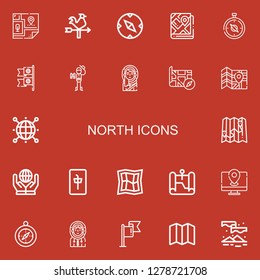 Editable 22 north icons for web and mobile. Set of north included icons line Map, Vane, Compass, Flags, Explorer, Eskimo, World, Mahjong, Flag, Aurora on red background