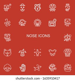 Editable 22 nose icons for web and mobile. Set of nose included icons line Dog, Clown, Yelp, Anti age, Body, Radiography on red background