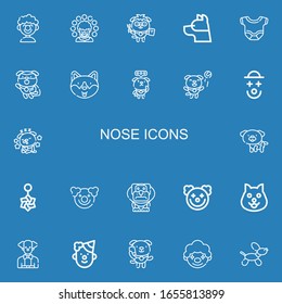 Editable 22 nose icons for web and mobile. Set of nose included icons line Clown, Dog, Body, Belly piercing on blue background