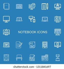 Editable 22 notebook icons for web and mobile. Set of notebook included icons line Notebook, Laptop, Computer, Notepad, Screen, Responsive, Write, Exam, Tablet on blue background