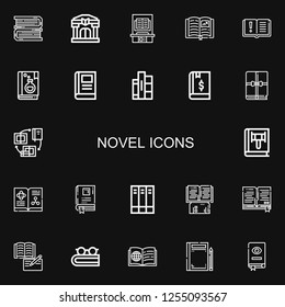 Editable 22 novel icons for web and mobile. Set of novel included icons line Books, Library, Book on black background
