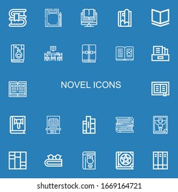 Editable 22 novel icons for web and mobile. Set of novel included icons line Book, Magazine, Library, Literature, Books on blue background