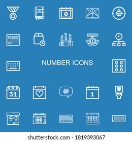 Iconos editables de 22 números para web y móvil. Conjunto de números incluidos íconos línea Medina, lista de contactos, Fecha, Sección, Reloj, Calendario, Tiempo de espera, Competencia, Tiempo sobre fondo azul