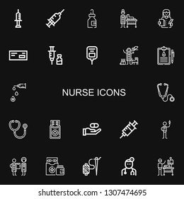 Editable 22 nurse icons for web and mobile. Set of nurse included icons line Syringe, Medicine, Veterinarian, Doctor, Vaccine, Saline, Medical history, Stethoscope on black background