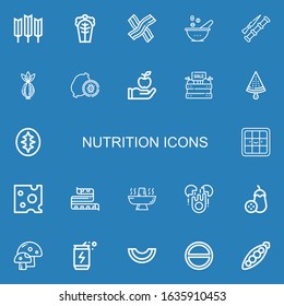 Editable 22 nutrition icons for web and mobile. Set of nutrition included icons line Wheat, Cabbage, Bacon, Bowl, Spike, Onion, Kiwi, Apple, Fruit, Watermelon on blue background