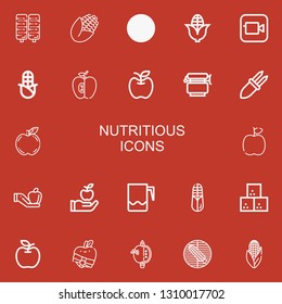 Editable 22 nutritious icons for web and mobile. Set of nutritious included icons line Corn, Apple, Jar, Sugar cube on red background