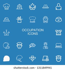 Editable 22 occupation icons for web and mobile. Set of occupation included icons line Chef, Helmet, Juggling ball, Hat, Salesman, Maid, Policeman on blue background