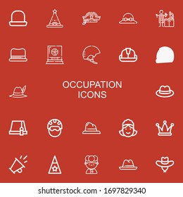 Editable 22 occupation icons for web and mobile. Set of occupation included icons line Hat, Lab technician, Helmet, Maid, Promotion, Chef on red background
