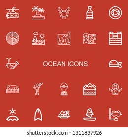 Editable 22 ocean icons for web and mobile. Set of ocean included icons line Submarine, Island, Crab, Rum, Fish, Prawn, Beach, Map, Tsunami, Whale, Pirate, Shark on red background